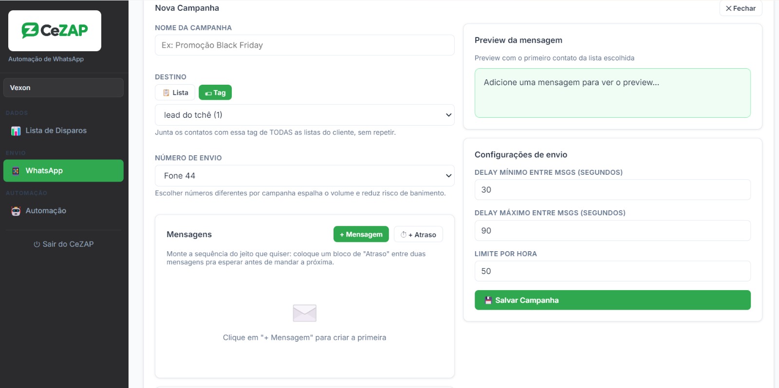 Tela de configuração de campanha com delay entre mensagens e limite por hora