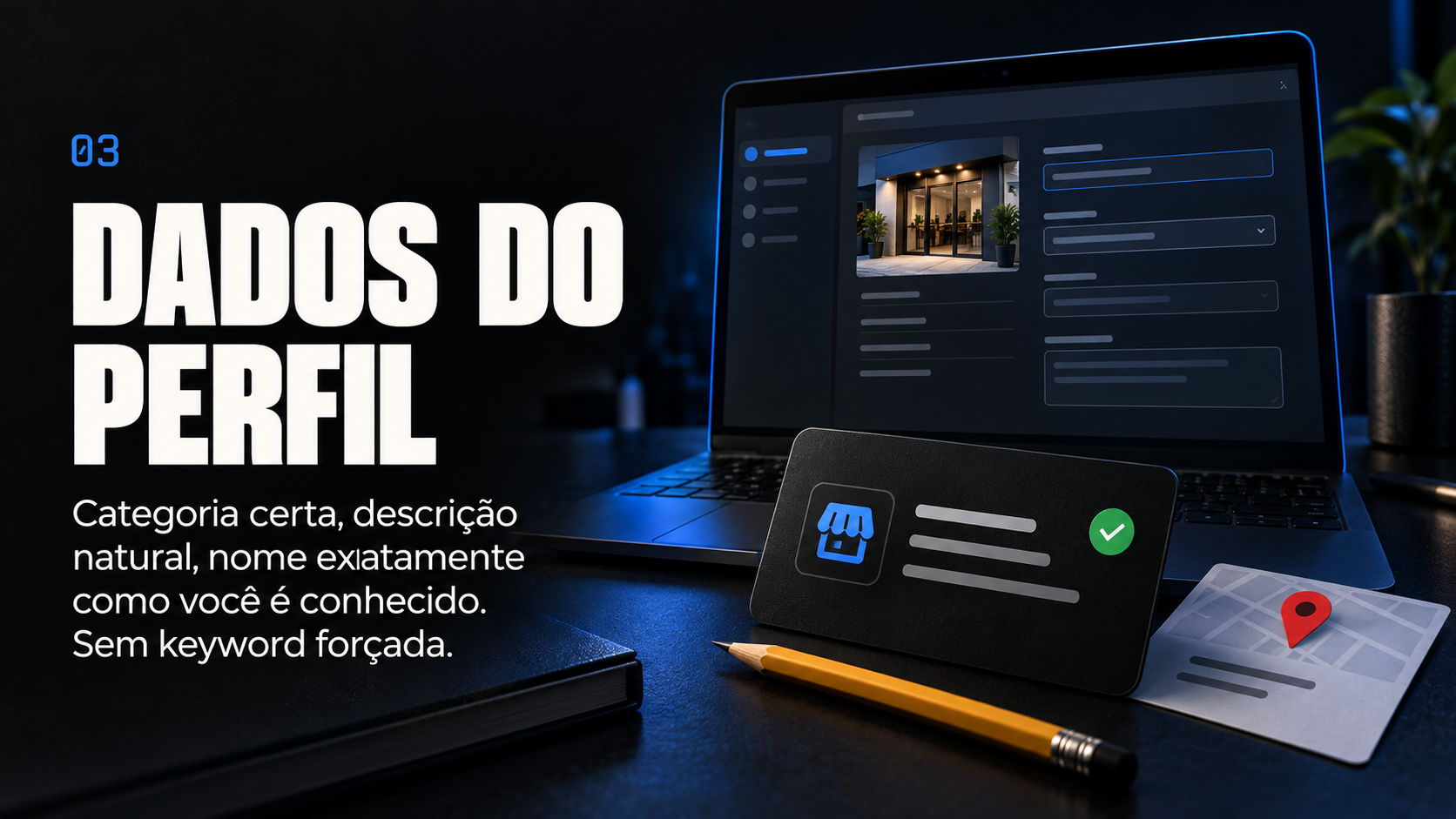 Dados do perfil: categoria certa, descrição natural, nome exatamente como você é conhecido
